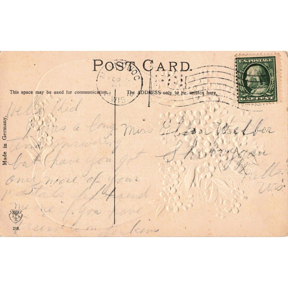 Antique 1911 Forget Me Not Floral Embossed Postcard Germany 1c Franklin Stamp - Picture 2 of 2